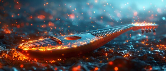 Canvas Print - A glowing, artistic representation of a guitar illuminated by vibrant colors, set against a shimmering, mystical background.