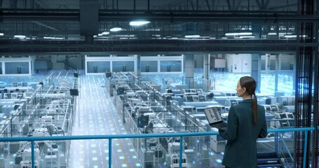 Poster - Factory Digitalization Visual Transformation: Female Engineer Uses Laptop to Activate Construction of Autonomous Robot Arm Industrial Facility. Industry Four Machinery Manufacturing of Products