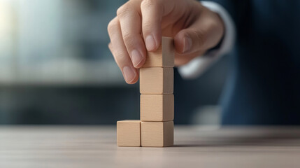 A hand carefully stacks wooden blocks, symbolizing growth, stability, progress, achievement, and building a strong foundation.