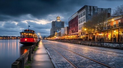 A picturesque view of Savannah, Georgia at dusk, featuring a historic street lined with charming buildings, a vibrant trolley car, and the glow of streetlights. The scene evokes a sense of Southern ch