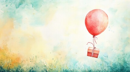 Balloon and gift box flying in air.