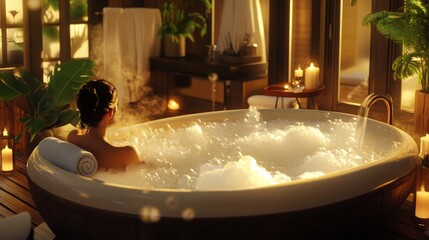 Poster - A person enjoys a tranquil bath filled with bubbles, surrounded by soft candlelight and the calming ambiance of a spa. The warm atmosphere and lush plants enhance the relaxing experience.