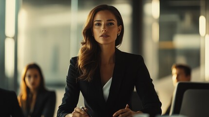 High-resolution photorealistic shot of a confident businesswoman leading a team meeting in a sleek office. The luxurious styling, combined with professional color grading and 32k resolution, creates