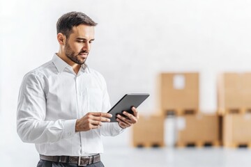 Manager working with tablet in sleek warehouse, store , supply chain