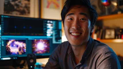 A man is smiling in front of two computer monitors