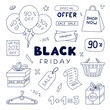 © Ana Tivikova - Cool Black Friday set with hand drawn outline doodle. Price off tags, balloon, gift box, coupon, basket for promotion of hot sale. Trendy simple scribble clipart for online and offline shopping.