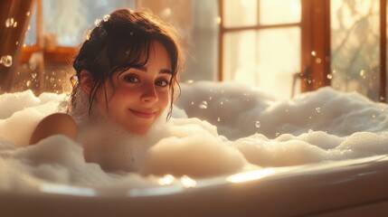 Poster - A young woman enjoys a peaceful moment in a bubble-filled bathtub, surrounded by natural light pouring in through large windows during sunset, creating a serene and inviting atmosphere.