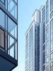 Modern high-rise buildings with glass facades against a clear blue sky.  Symbolizing progress, urban life, and architectural innovation.