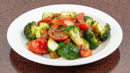 Colorful Fresh Vegetable Medley Salad with Broccoli Tomatoes and Zucchini Served in a White Bowl on a Dark Countertop Perfect for Healthy Eating