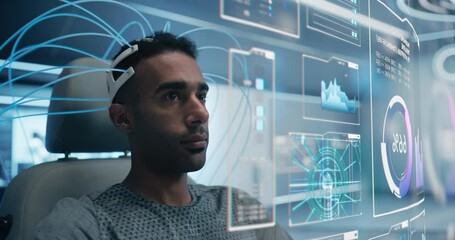 Poster - man wears a neural headset, interacting with holographic data interfaces. simulations controlled by 
