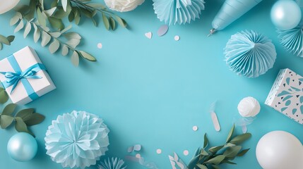 Wall Mural - pastel blue flat lay party decorations with gift boxes, balloons, and confetti - ideal for event the