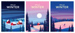 © alaver - Vector Set of 3 winter season landscapes. Pine trees in the first plan and village and forest under the snow in the background. Handmade drawing vector illustration.