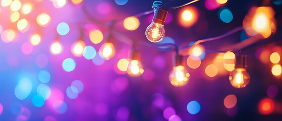 Wall Mural - festive party background with colorful bokeh and retro string lights - perfect for event invitations