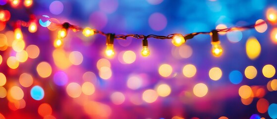 Wall Mural - festive party background with colorful bokeh and retro string lights - perfect for event invitations