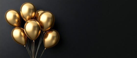 Wall Mural - elegant horizontal banner with gold balloons against a black wall background - perfect for celebrati