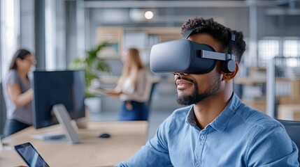 Wall Mural - An African male office worker uses a VR headset in a bustling workspace surrounded by colleagues in conversation