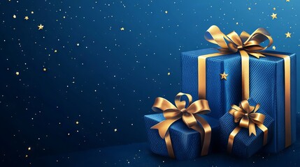 Wall Mural - generative ai illustration of blue gifts with golden bows and ribbons on blue background with stars 