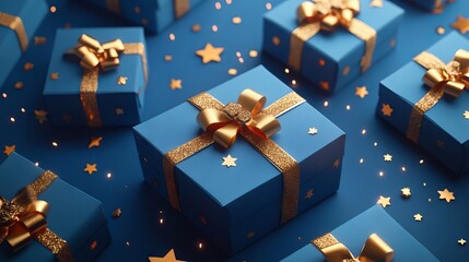 Wall Mural - generative ai illustration of blue gifts with golden bows and ribbons on blue background with stars 
