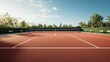 New private tennis court stadium with red ground without people during the summer