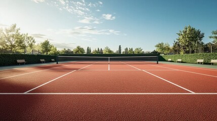 new private tennis court stadium with red ground without people during the summer