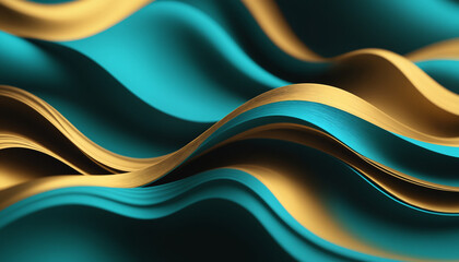 An abstract composition of flowing waves in turquoise and gold, suitable for modern design, backgrounds, and digital art.