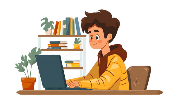 illustration, side view, happy cute little kid doing home school with computer laptop connection with internet study e-learning and course. e-learning web element