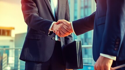 Two professionals shaking hands outdoors, symbolizing partnership and agreement in a modern business environment.