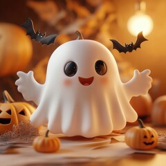 Cute ghost and pumpkin. Halloween decoration element.