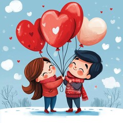 Wall Mural - Cute cartoon couple holding heart-shaped balloons in a snowy setting, expressing love and warmth in a playful winter scene