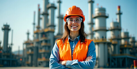 A female employee working with self-confidence in  construction, heavy industry or production