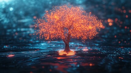 Future tech development concept with glowing neon tree 