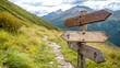 © EF Studio - Wooden signs pointing in different directions on the path to the mountains, representing multiple route options for adventure travel and the journey of life concept.