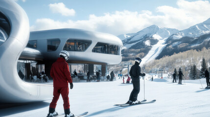 Ski resort in Aspen with snowboarders and skiers