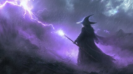 Wall Mural - A witch is conducting magic with spell with lightning bolt in battle. Superhero. Halloween poster.