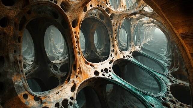 Abstract 3D rendering of a futuristic organic structure with interconnected tunnels and chambers.