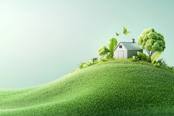 Tiny rural landscape with a sustainable barn, green farming technologies, 3D illustration