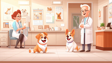 Two cheerful dogs visit a veterinarian, showcasing a friendly vet and staff in a welcoming clinic environment dedicated to pet care and health.