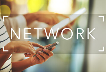 Aufkleber - Business people, hands and typing with phone for network, social media or data sync at office. Closeup, employees or users with mobile smartphone, technology or app for UI, UX or online interaction