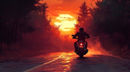 Canvas Print - A lone motorcyclist rides towards a setting sun through a forest.