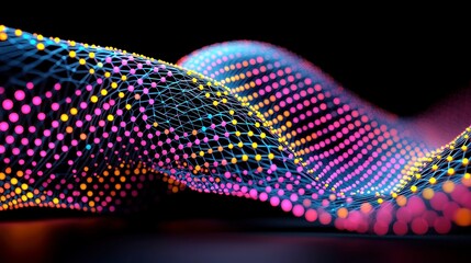 Poster - Vibrant LED Geometric Grid, a dynamic backdrop showcasing a colorful pattern of pink and yellow dots interconnected by striking electric blue lines, perfect for modern designs.