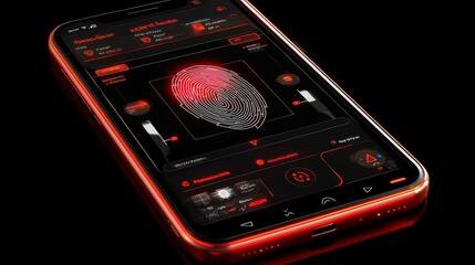 Poster - Digital Security Concept, electronic fingerprint displayed on a scanning screen, featuring a low poly wireframe outline with geometric shapes illustrating advanced technology.