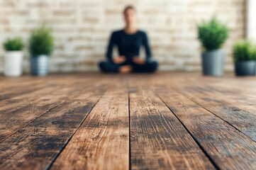 Poster - Empty wooden floor with a woman practicing yoga in the background, perfect for product placement