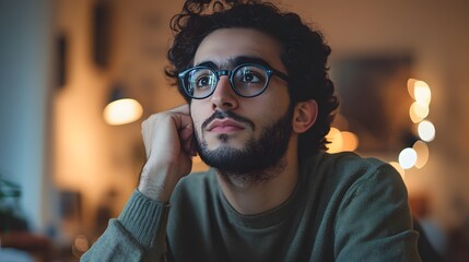 Wall Mural - A Thoughtful Young Man With Glasses Gazes Upward