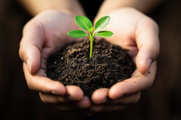 Two hands cradle a small sprouting plant nestled in rich soil, symbolizing growth and a commitment to nurturing the environment under natural light. Generative AI