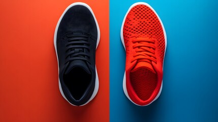 Red and Black Sneakers on a Red and Blue Background