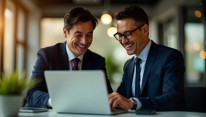 Two happy middle-aged business men, one of Asian descent with short black hair in a suit and tie, and one of Caucasian descent with wavy brown hair in a blazer, collaborating in a bright corporate off