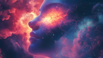 Cosmic Dream  Woman s Face Emerging from a Nebula with Stars and Sparks