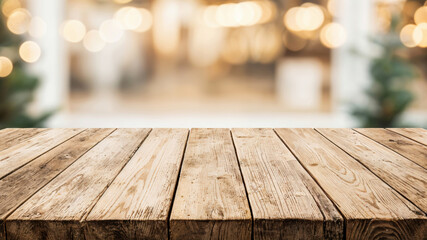 Poster - Empty wooden table top showing christmas lights background for a holiday montage or product display