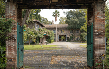 Wall Mural - an open archway with a brick wall in the background. The archway is framed by two wooden doors.