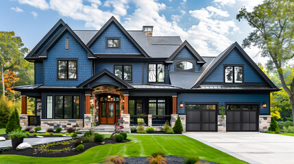 Luxurious new construction home, modern style home two car garage, blue siding natural stone wall